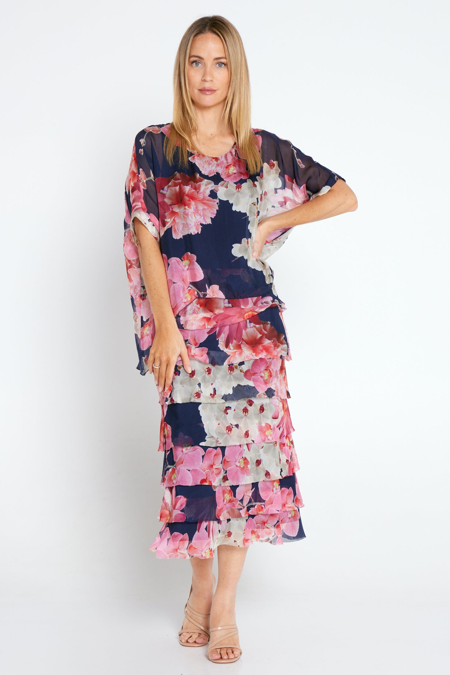 Margo Silk Dress - Navy/Pink Bouquet