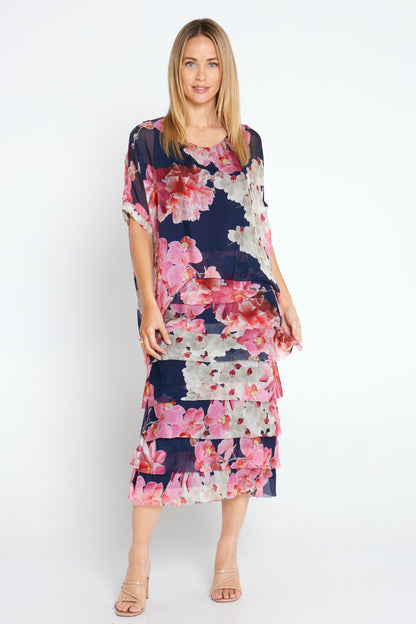 Margo Silk Dress - Navy/Pink Bouquet