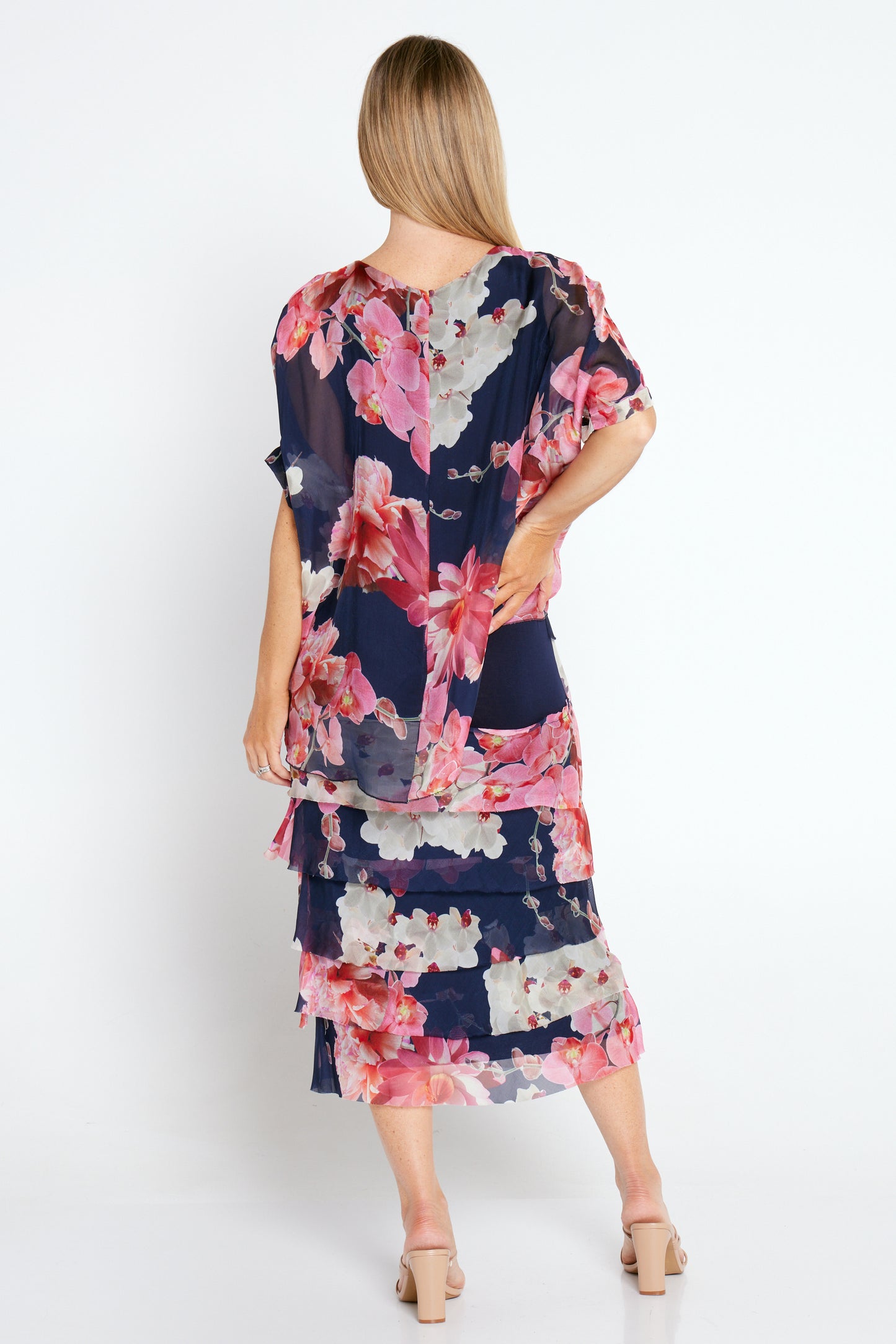 Margo Silk Dress - Navy/Pink Bouquet