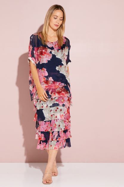 Margo Silk Dress - Navy/Pink Bouquet