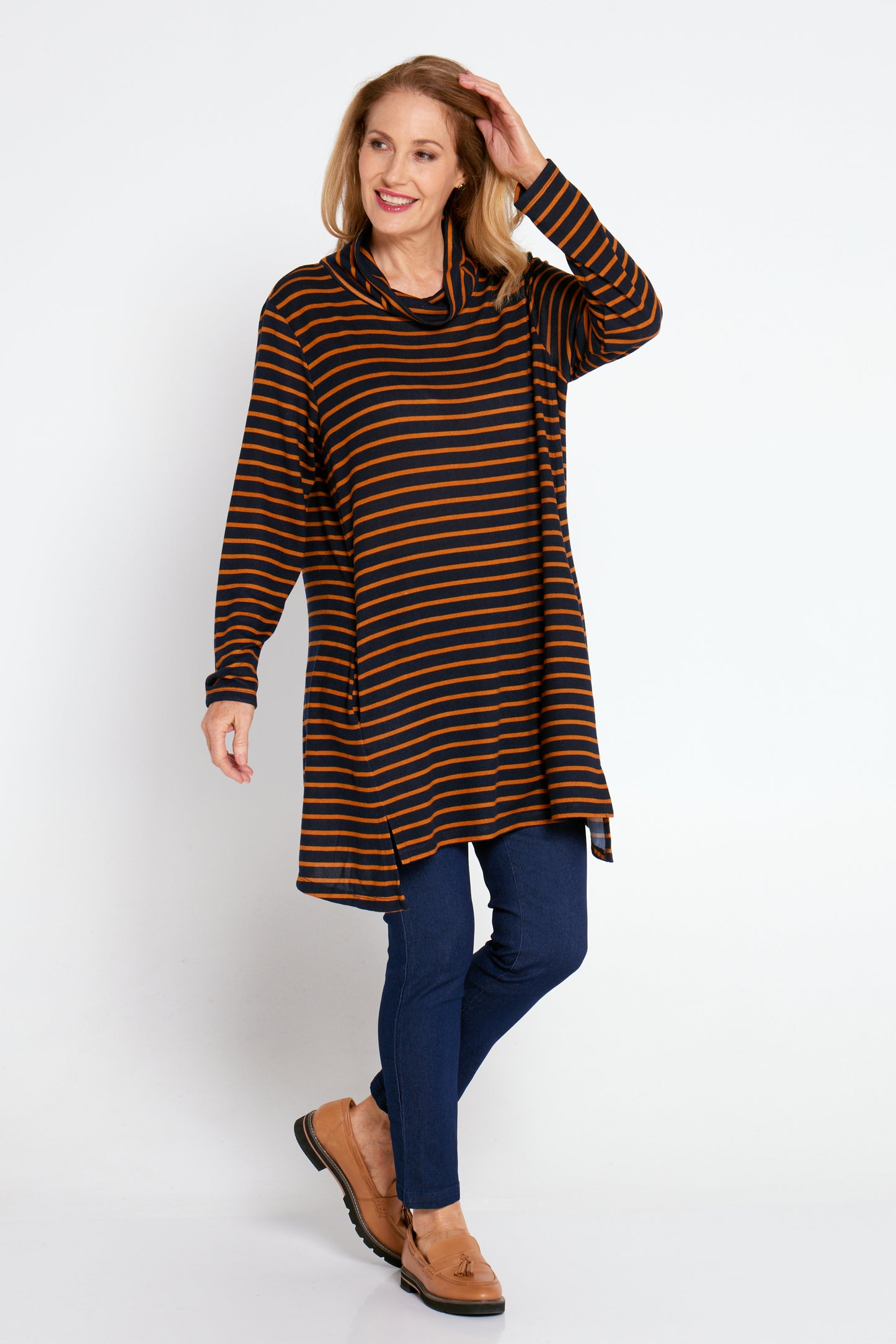 Mavis Tunic - Navy Toffee Stripe