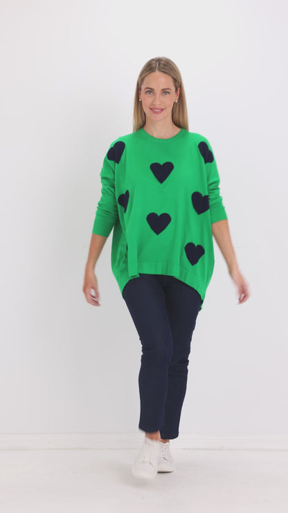 Reed Knit Top - Green/Navy Heart