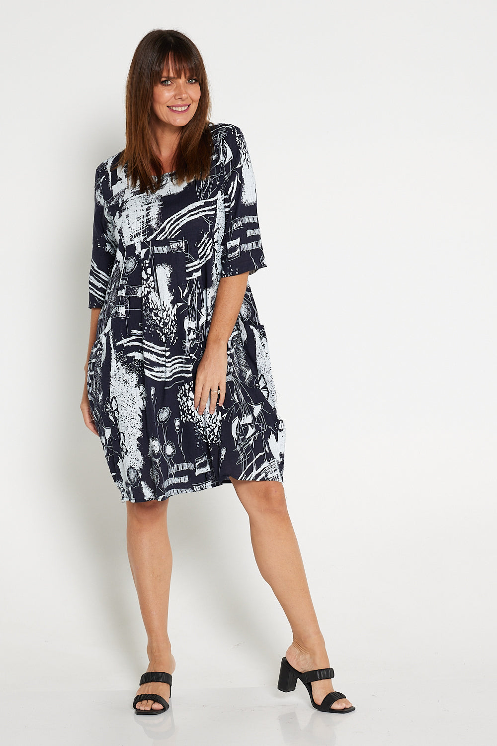 Diaz Linen Dress - Navy White Print