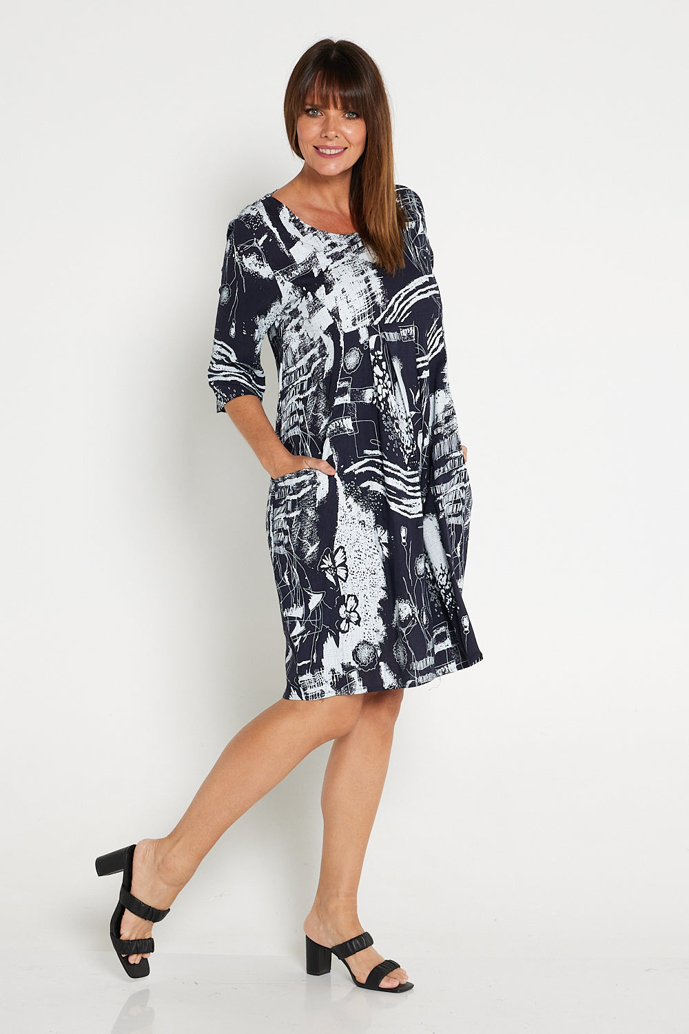 Diaz Linen Dress - Navy White Print