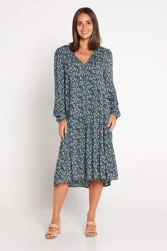 Everly Dress - Teal Ditsy Floral