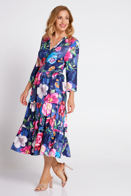 Imogen Wrap Dress - Navy/Pink Bouquet