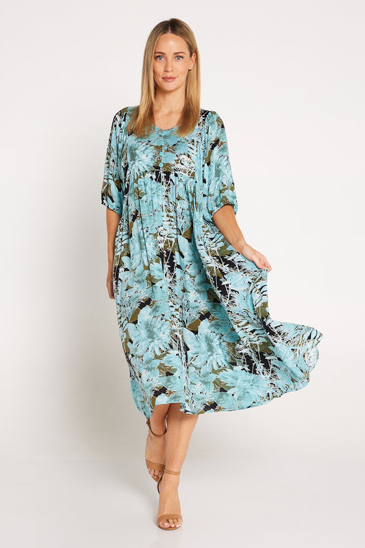 Sabina Dress - Aqua Botanical