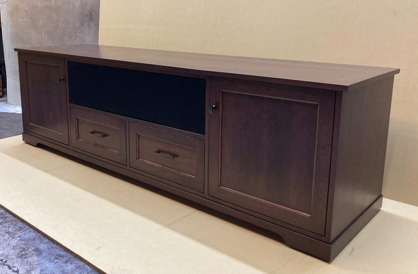 custom Horizon solid wood media console with panel and frame drawer fronts