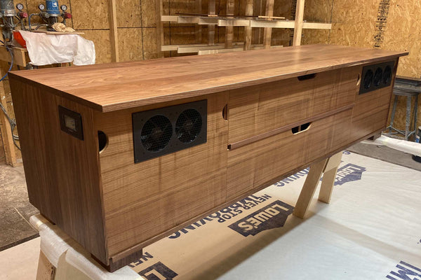 custom walnut media console with cooling fans - back view
