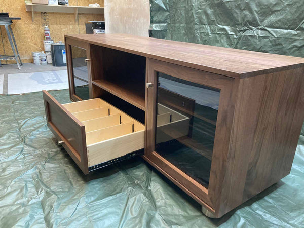 Tall Custom Solid Walnut Media Console Made in USA - Large Center Speaker Shelf and Media Storage - Dovetail Drawers!