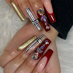 gems and maroon coffin nails + french tips