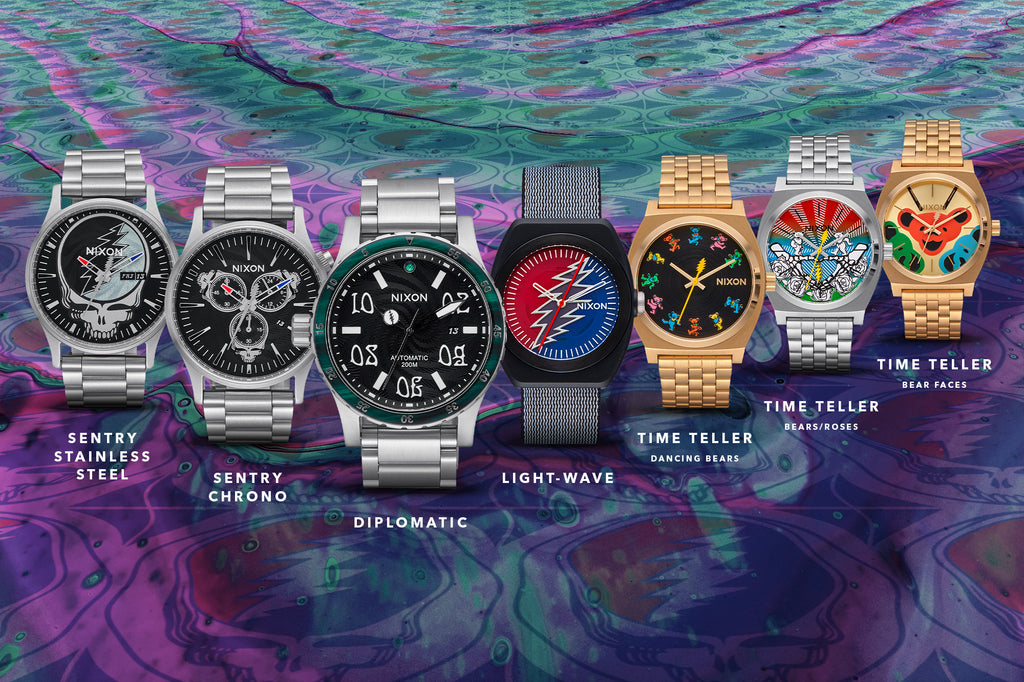 The collection of Nixon x Grateful Dead watches