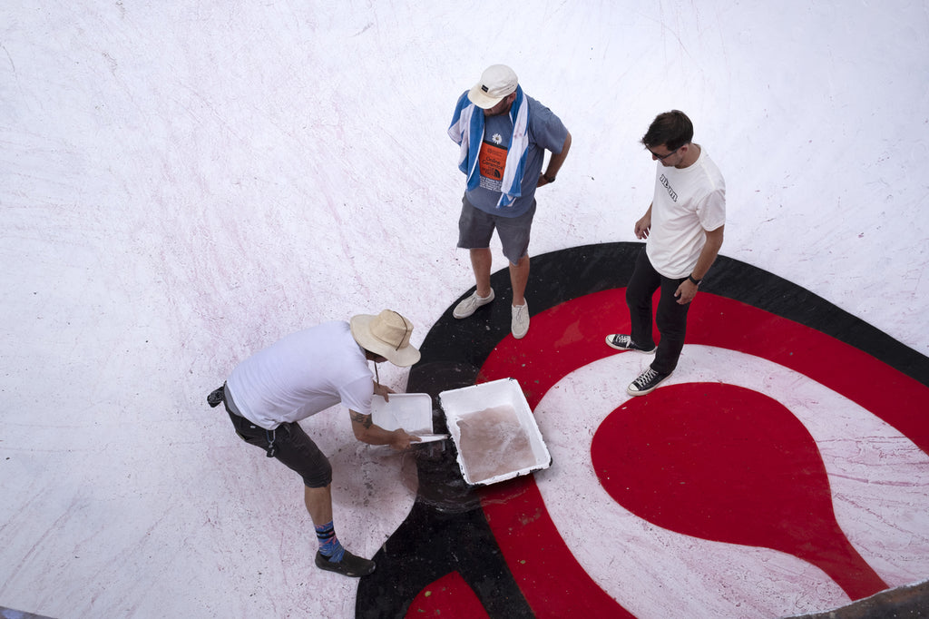 The team removes rain from the Nude Bowl for the Nixon x The Rolling Stones shoot