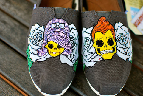 custom toms, halloween toms, wedding toms, punk toms, punk wedding shoes, greaser wedding, dia de los muertos, sugar skull toms