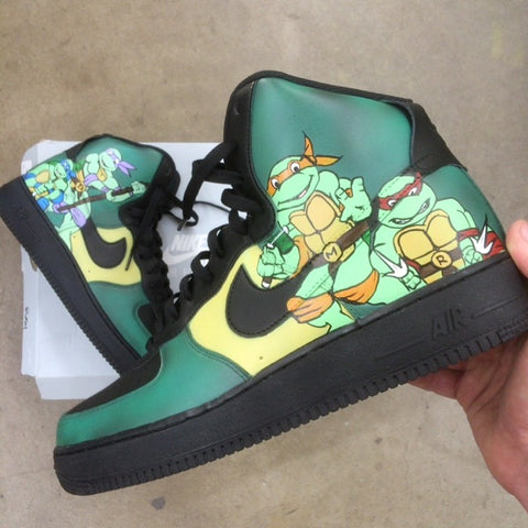tmnt nikes, custom painted nike sneakers, hand painted nike af1, teenage mutant ninja turtle nike shoes