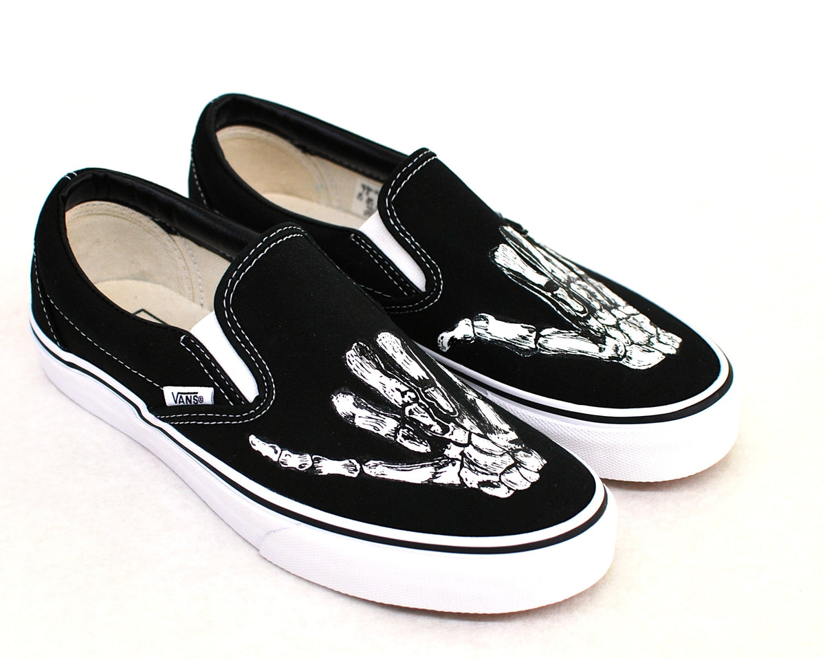 Hand Painted Shaka Skeleton Hands - Black Canvas Slip On Vans Shoes – B ...