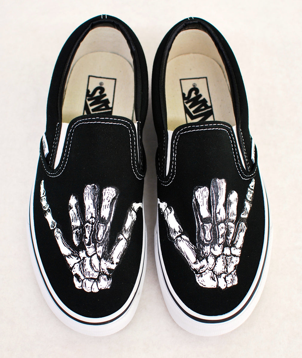 Hand Painted Shaka Skeleton Hands - Black Canvas Slip On Vans Shoes – B ...