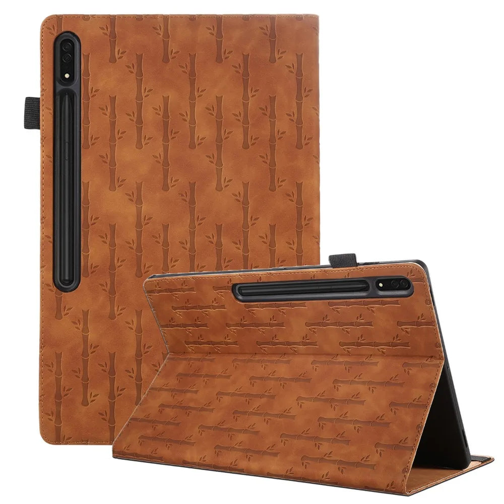 3D Embooss Bamboo Leather Wallet Holder Stand For Samsung Galaxy Tab