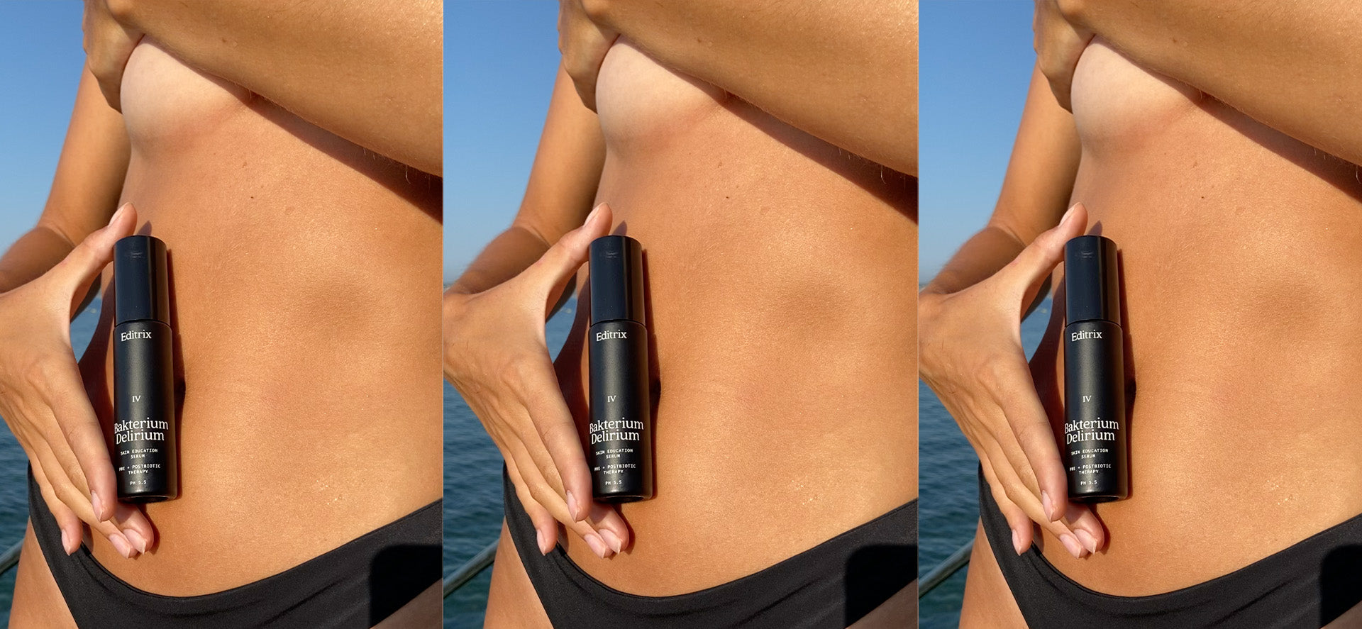 Image of a woman in a bikini holding a black skincare bottle of Editrix Bakterium Delirium against her stomach. She is wearing a black bikini and the photo is zoomed in to see the product.