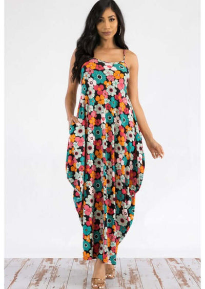 Ladies Colorful Floral Tropical Resort Maxi Cami Dress With Pockets | Made in USA | Classy Cozy Cool Women's Made in America Boutique