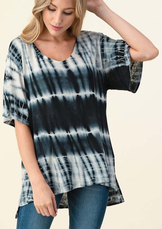Follow Me Ladies Black & White Tie Dye Blend Easy Tee Relaxed Fit V-Neck Short Sleeves | Made in USA | Made in America Women's Boutique