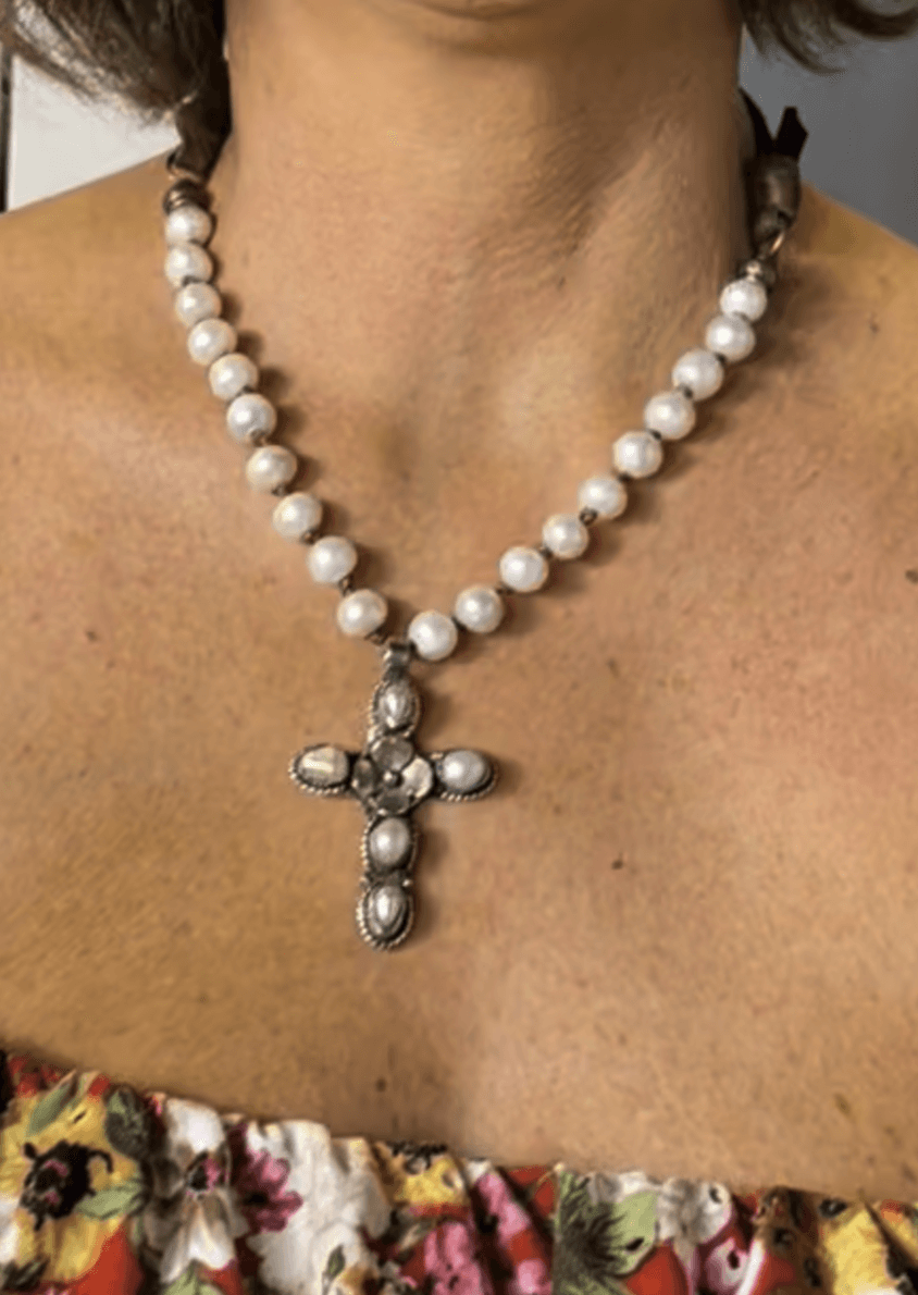 Freshwater Pearl Cross Statement Necklace with Genuine Leather Adjustable Clasp | Made in USA | Classy Cozy Cool Boutique