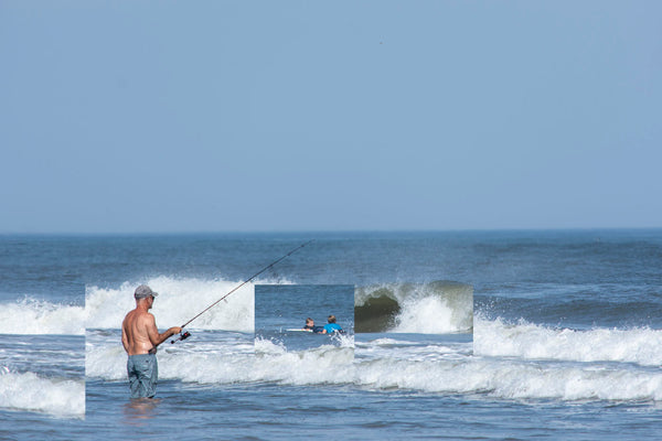 photograph collage of man fishing on the beach