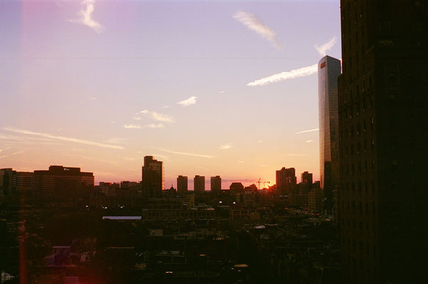 Photograph taken with a Pentax ME camera of a silhouetted Philadelphia skyline
