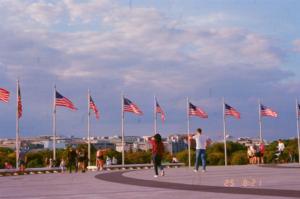 Photograph of people and a line of flagpoles overlooking a city
