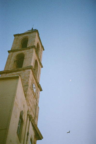 Photograph taken with a Pentax ME camera looking up a church tower