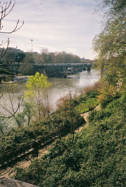 Photograph looking down a hill at a river