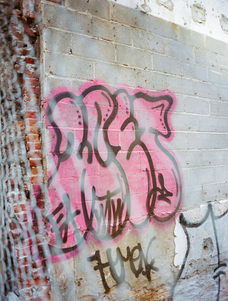 Photograph looking through chain link fence of graffiti on a concrete wall 