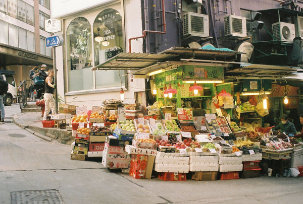 Photograph taken with a Canon EOS 300 of street corner market in Hong Kong