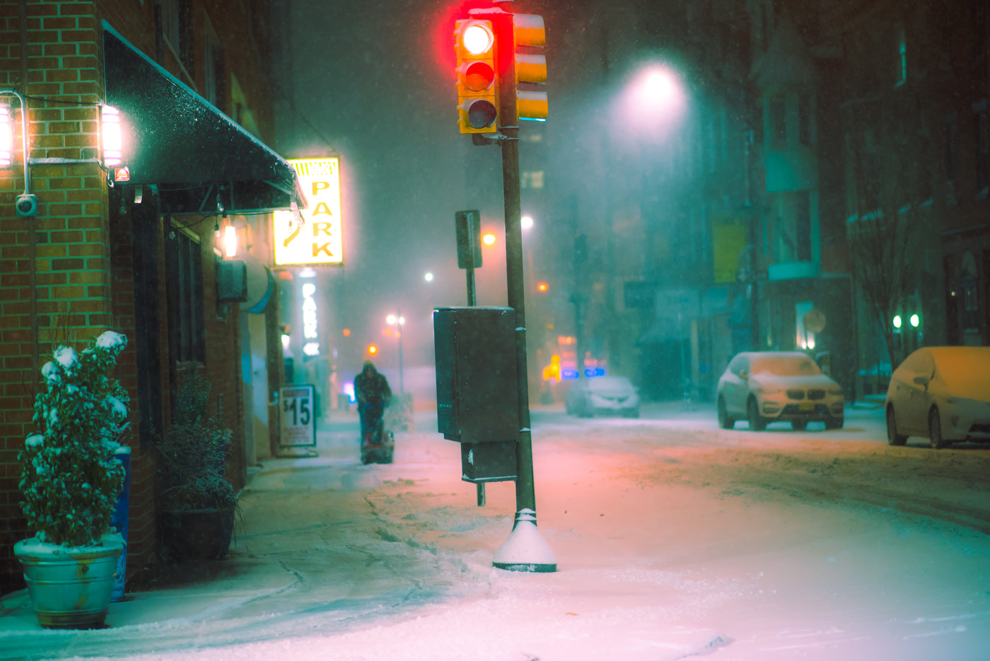 Photograph of city street covered in snow