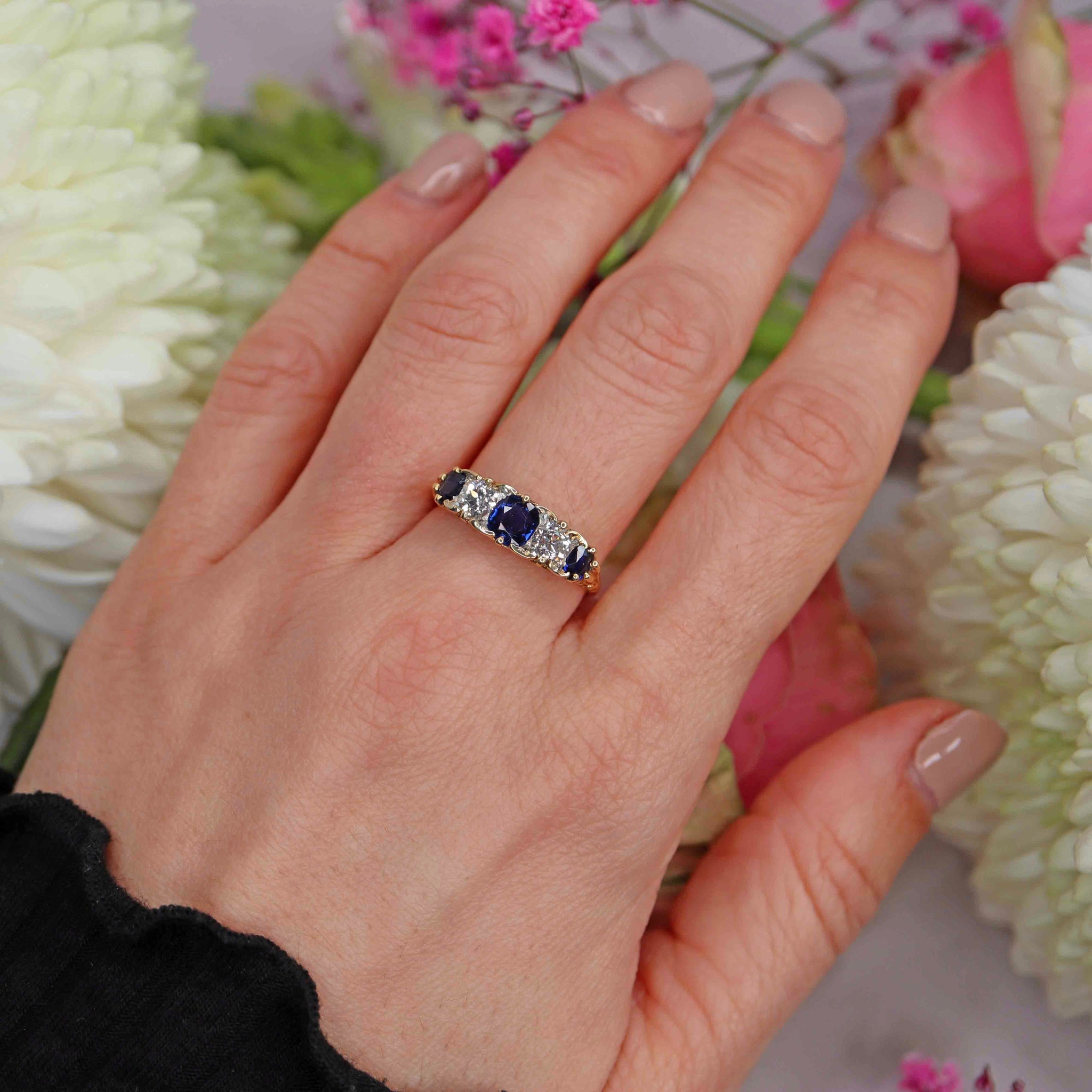 Victorian sapphire and diamond carved half hoop ring