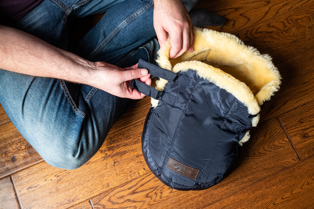 Velcro strap on sheepskin snuggly feet warmer foot muff