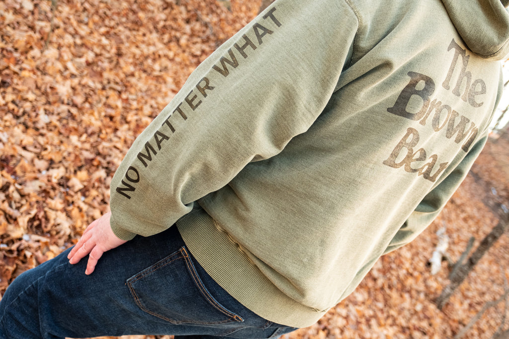 Olive Green Hoodie with words The Brown Bear