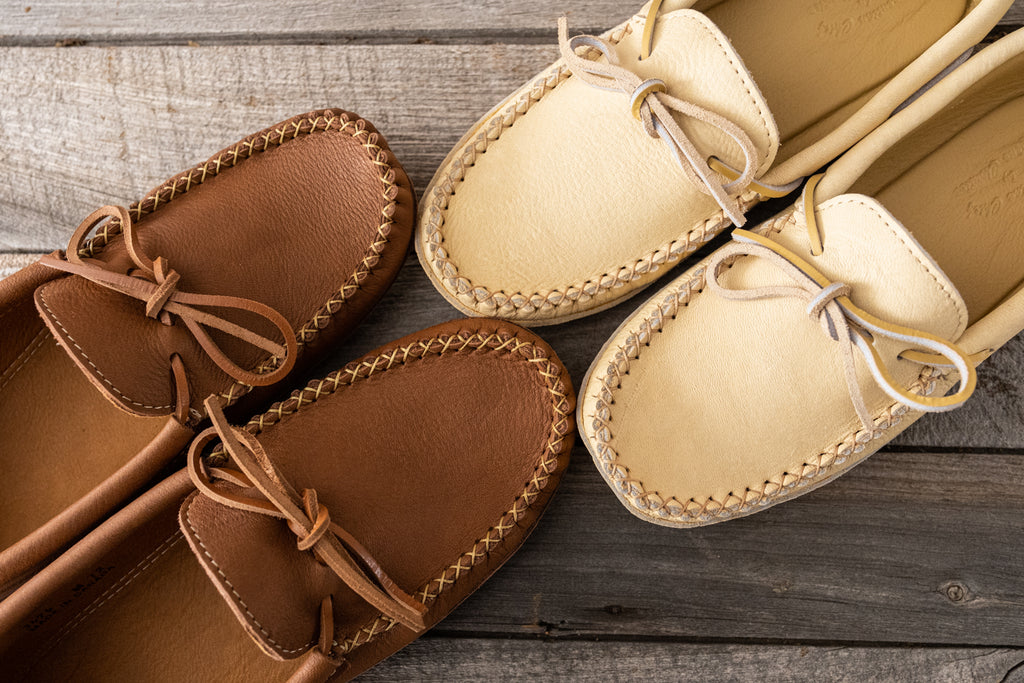 Wild full-grain leather moccasins in natural and maple colors