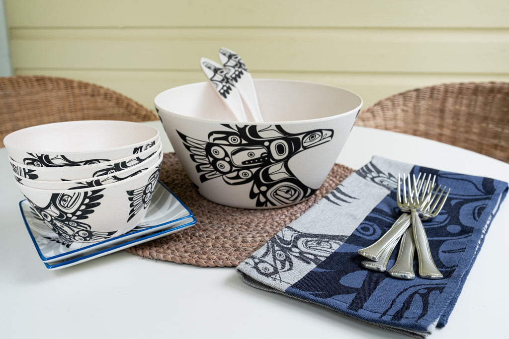 Soaring Eagle by Corey Bulpitt matching tea towel, bamboo bowl, servers and appetizer plates