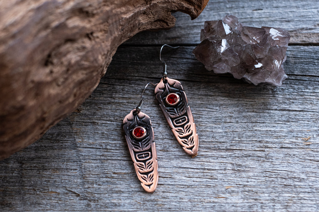 copper drop earrings crafted with antique copper plating and 5mm ruby-coloured crystal inset