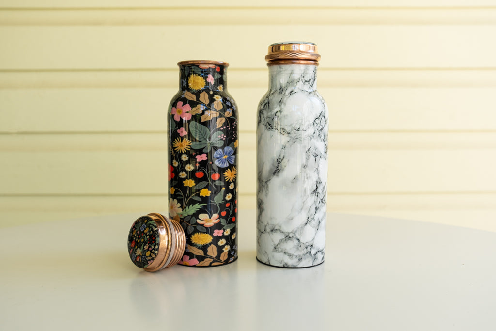 Floral and marble pattern pure copper water bottles with fun patterns exterior