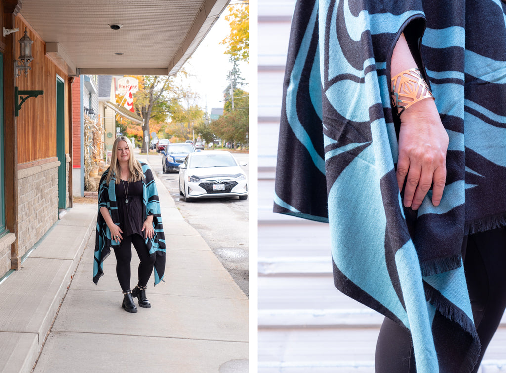 Native American style pattern on warm reversible fashion cape