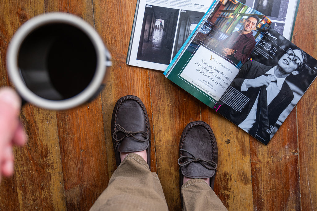 Enjoy a cup of coffee wearing a comfortable pair of Canadian made moccasins