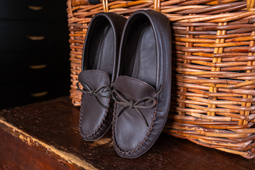 Deerskin moccasin slippers by Alfred Cloutier made in Canada in dark fudge brown color
