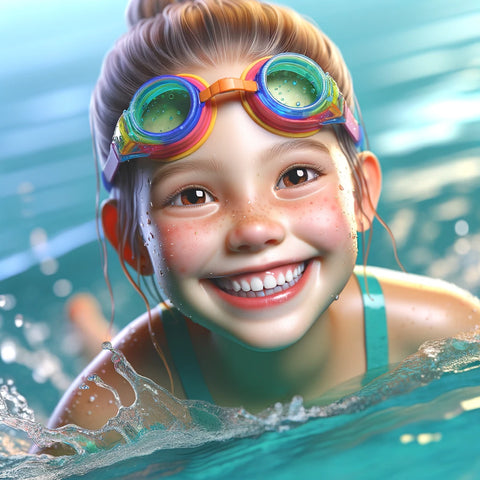 Pige svømmer med svømmebriller