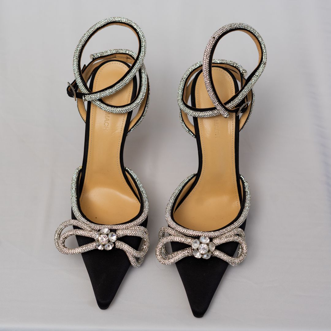 Pre-owned Mach & Mach Crystal Bow Black Pumps In Satin, 40