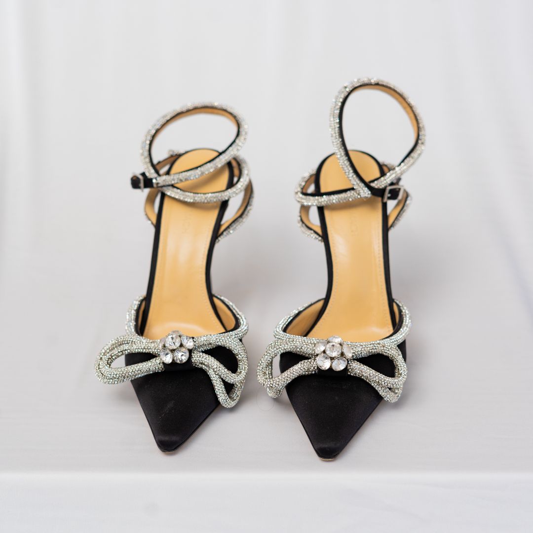 Pre-owned Mach & Mach Crystal Bow Black Pumps In Satin, 40
