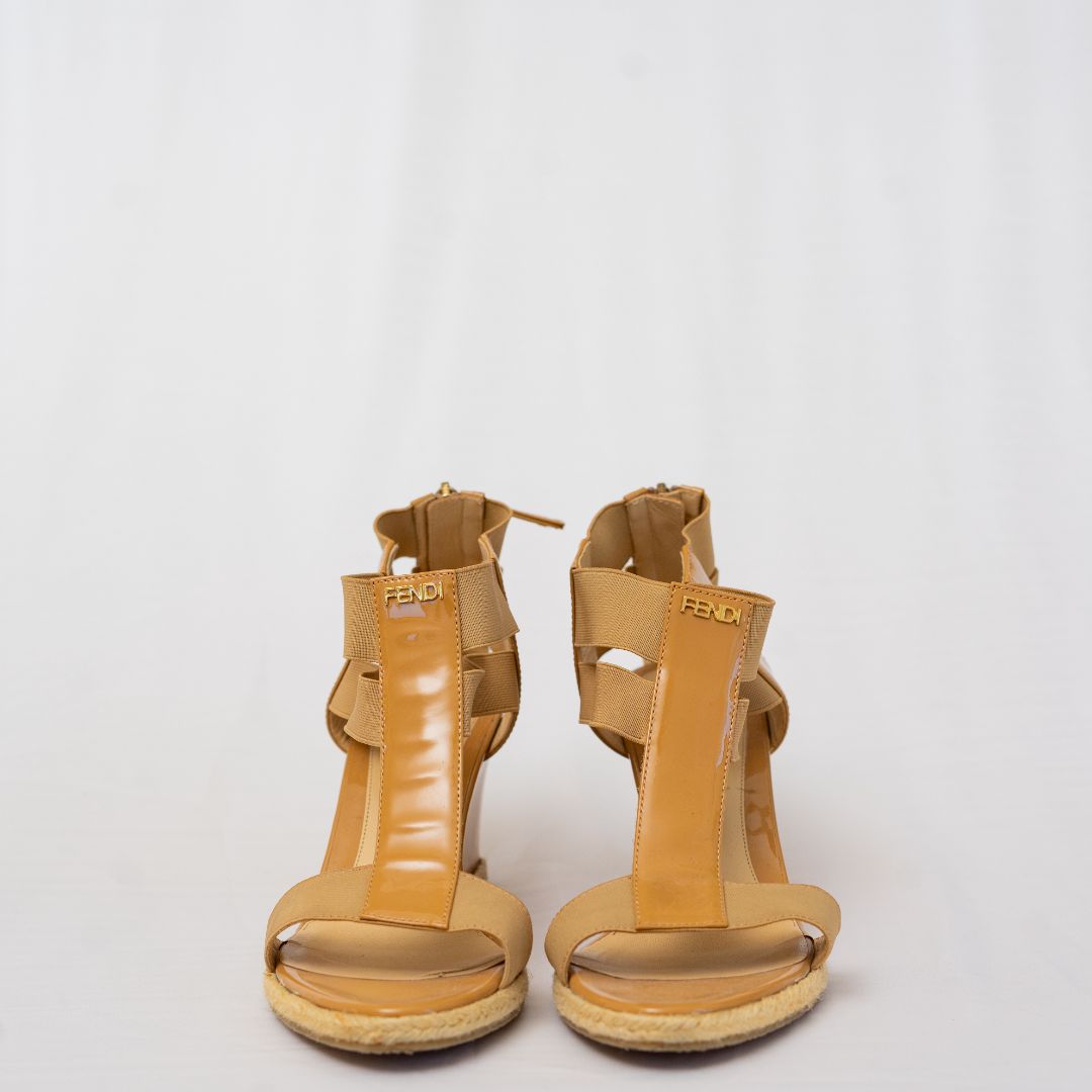 Pre-owned Fendi Beige Patent Leather And Elastic Fabric Carioca Wedge Espadrille Sandals, 36.5