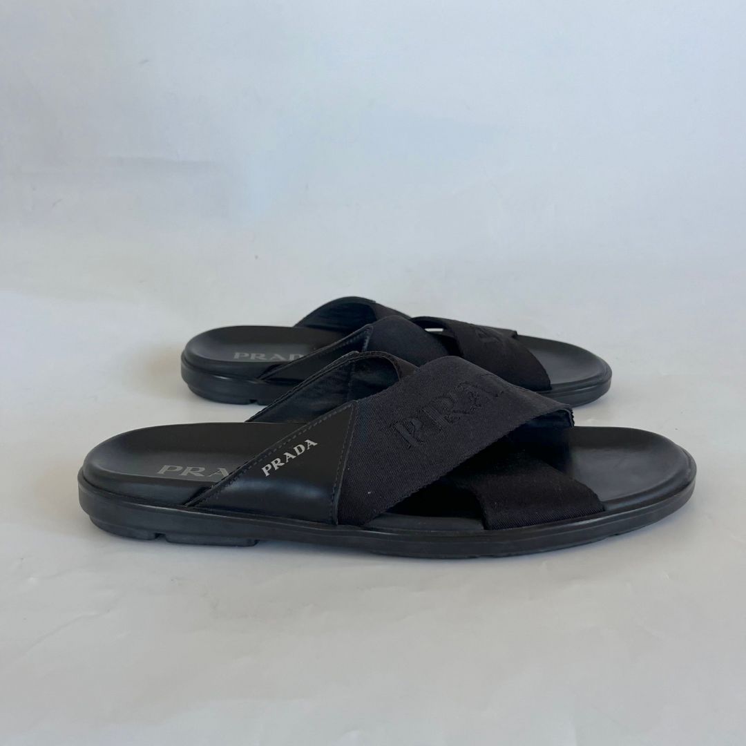 Pre-owned Prada Brushed Leather And Re-nylon Tape Crisscross Slides