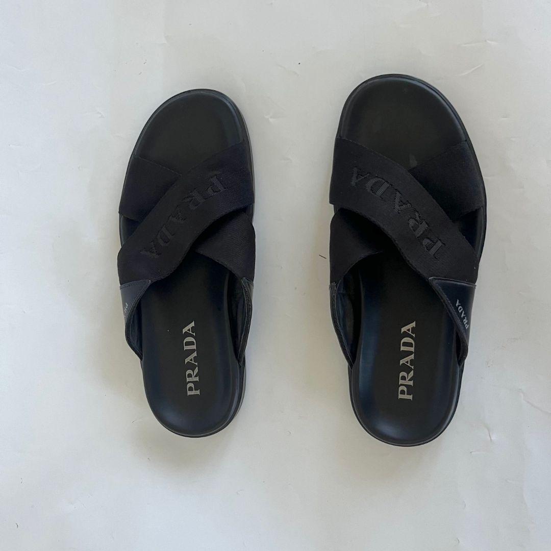 Pre-owned Prada Brushed Leather And Re-nylon Tape Crisscross Slides